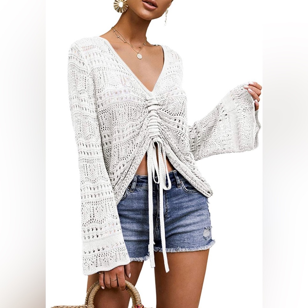 Crochet v neck sweater with bell sleeves